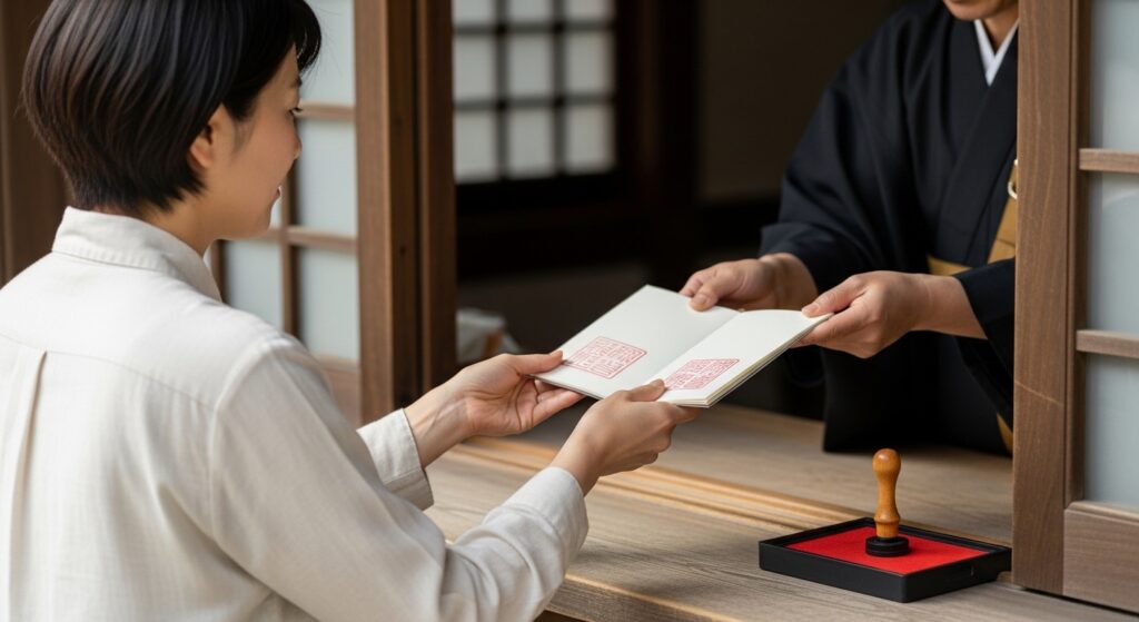 御朱印のマナーを確認する日本人女性