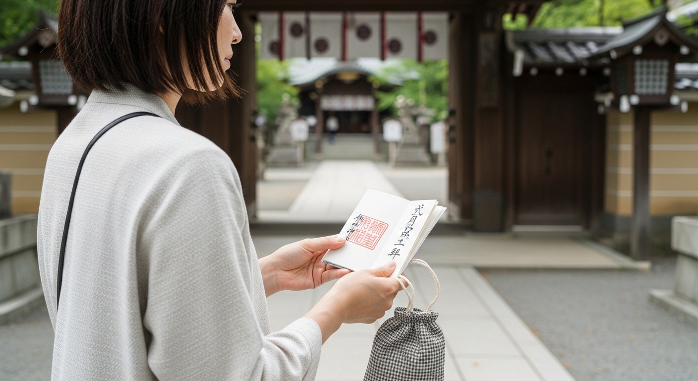 御朱印の作法を確認する日本人女性