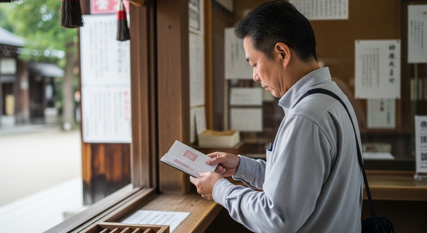 御朱印の日付を確認する日本人男性