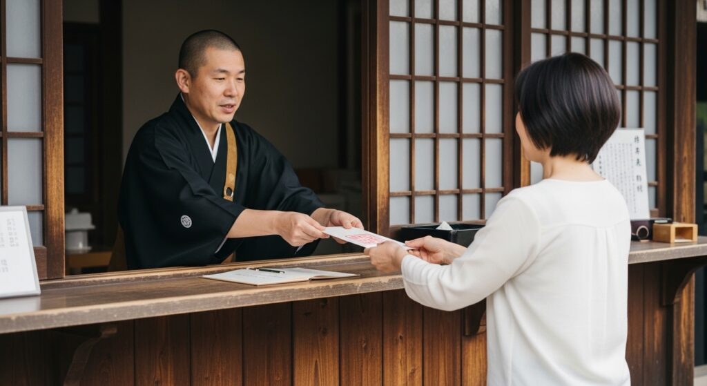 御朱印がもらえない宗派を調べる日本人男性