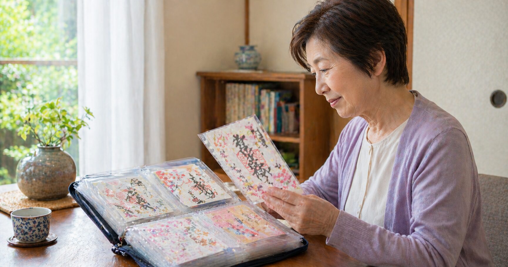 書き置き御朱印を大切に残したい女性が、御朱印ジャーや収納方法を丁寧に選んでいる場面