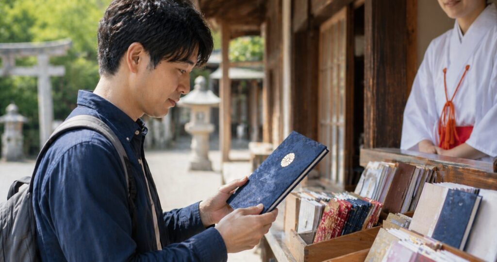 御朱印をお土産として渡してよいのか考えながら、授与の意味やマナーを確認している和の場面