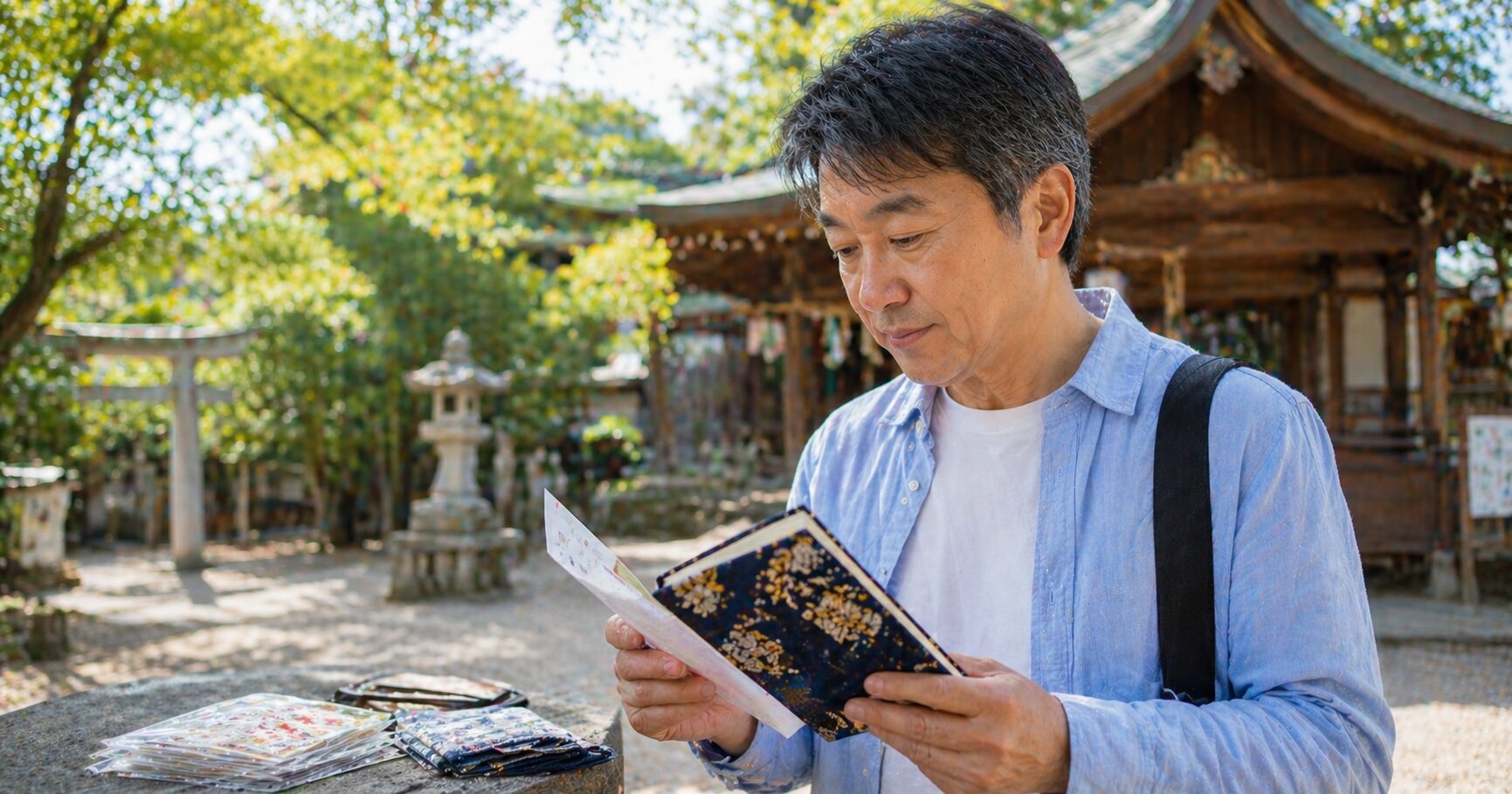 御朱印のやり方を確認しながら、寺社で正しい参拝手順といただき方を学んでいる男性の様子