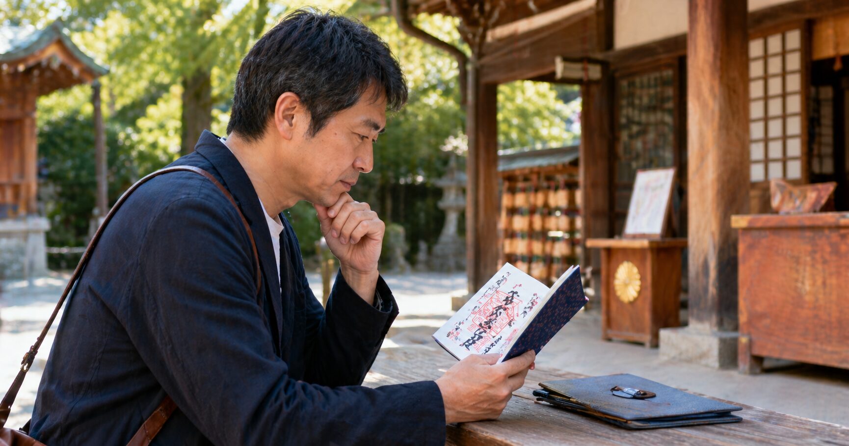 御朱印の日付の前後を確認する男性