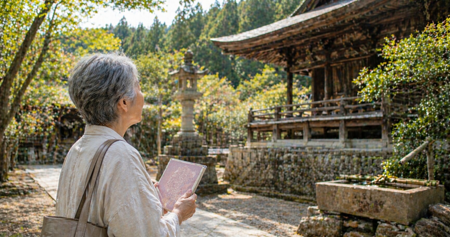 若狭神宮寺を訪れた女性が、古寺の静かな空気の中でお水送りの歴史を調べている場面