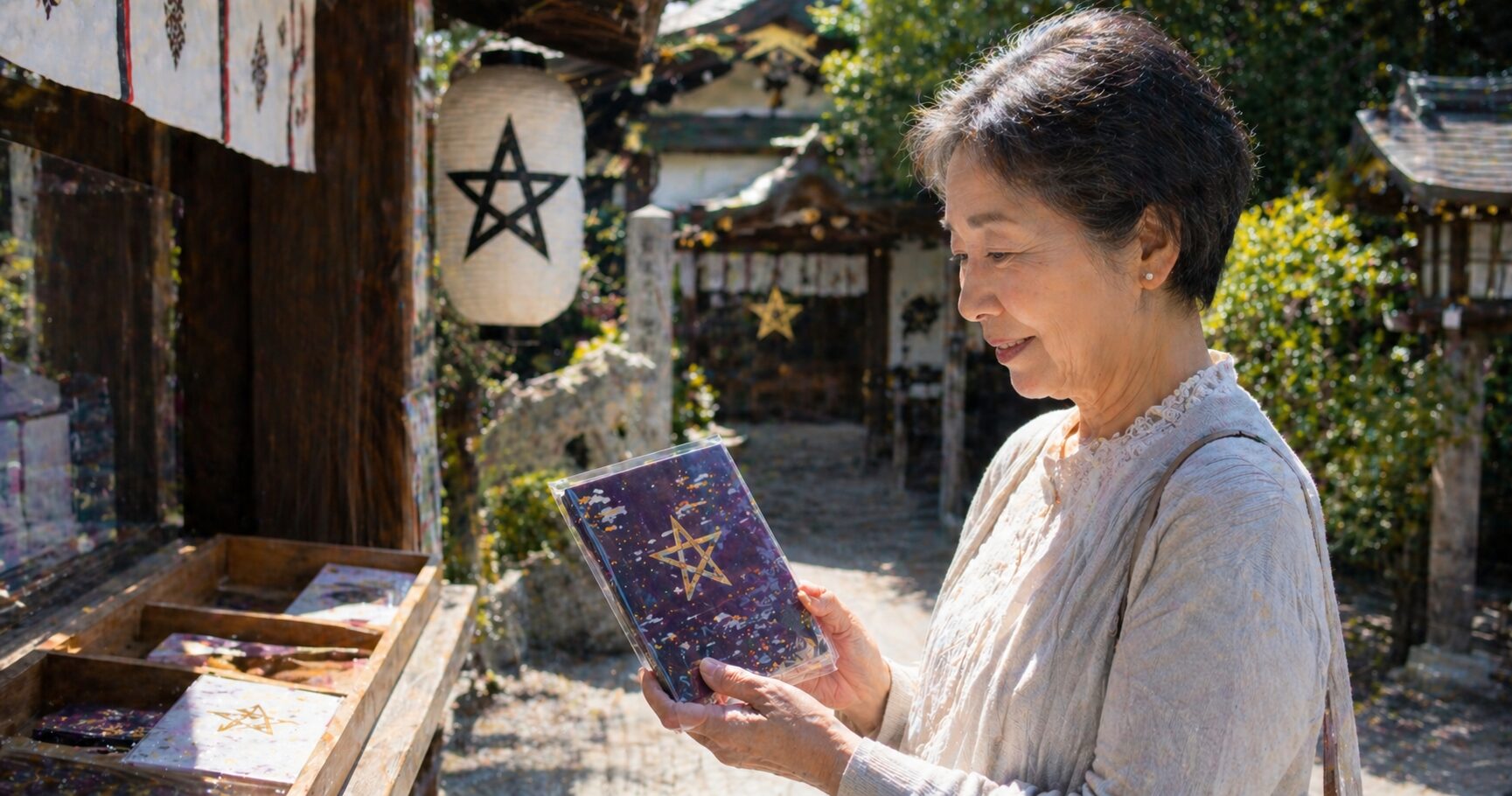 晴明神社の御朱印を楽しみに、五芒星の意匠や授与時間を丁寧に調べている女性の場面