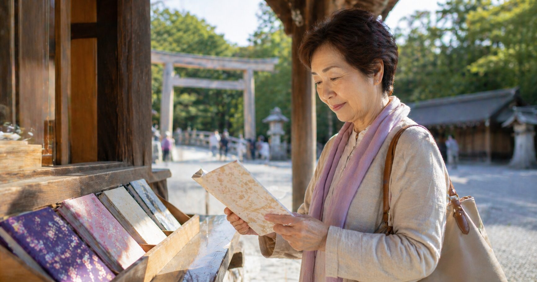 初めて伊勢神宮で御朱印をいただく女性が、御朱印帳の準備や使い方を丁寧に確認している場面