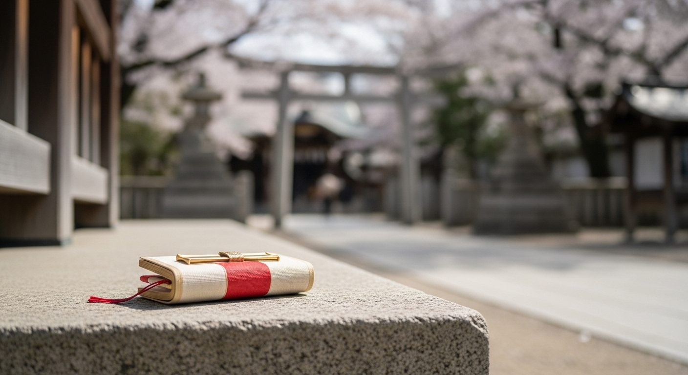 御朱印の使い方を解説するために、複数の御朱印帳と筆記具が整然と並べられた和風の机上風景