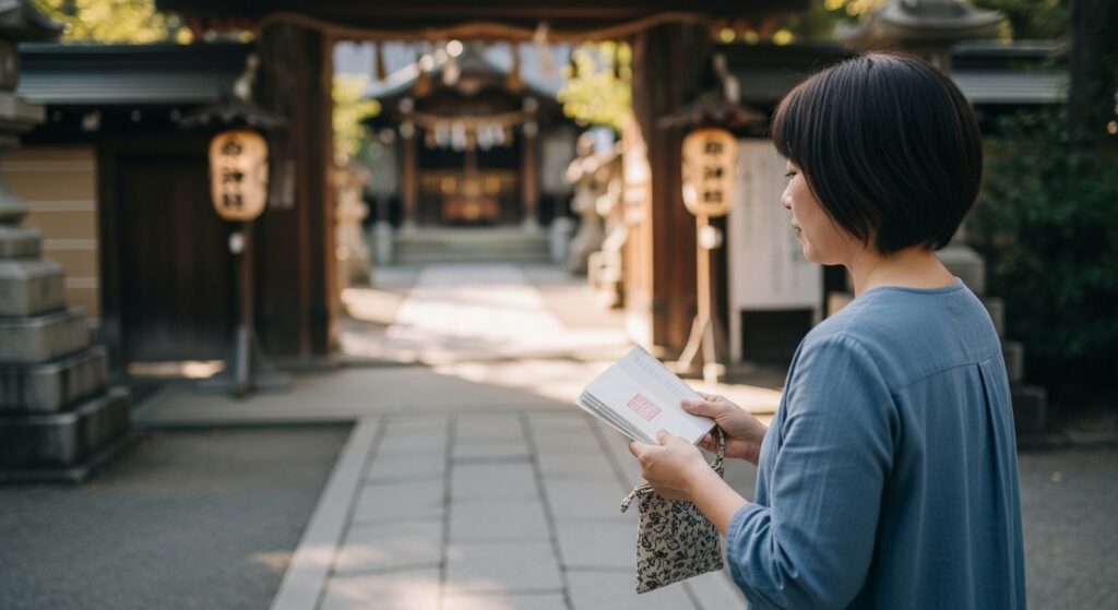 御朱印の読み方や文字と印の意味を理解するため、参拝文化を感じられる和の雰囲気を表現した風景