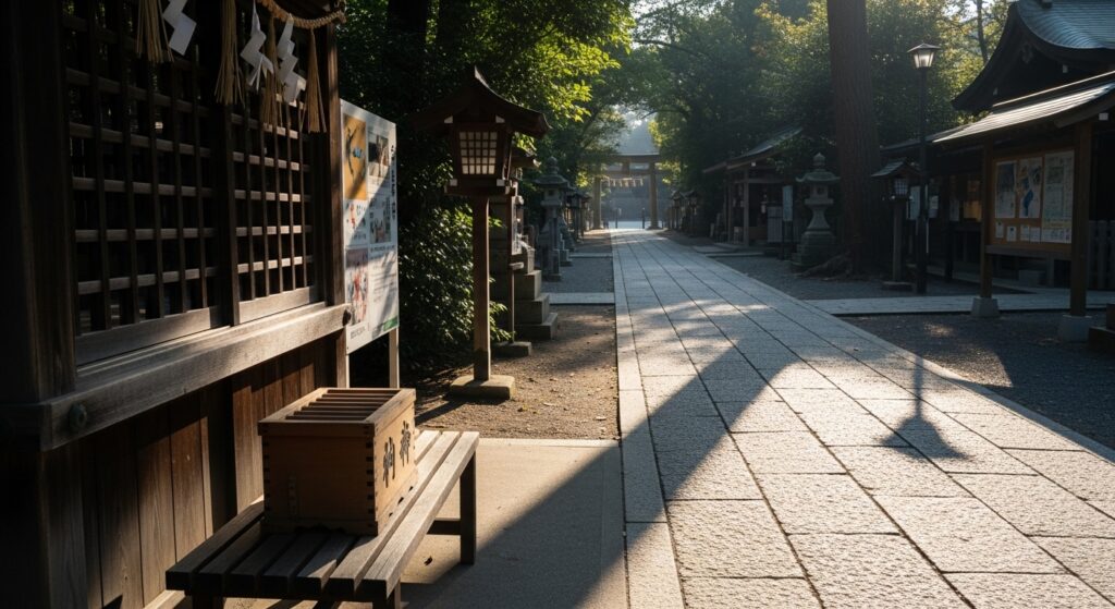 御朱印の代理授与について考えながら、参拝マナーや注意点を確認している落ち着いた寺社の雰囲気