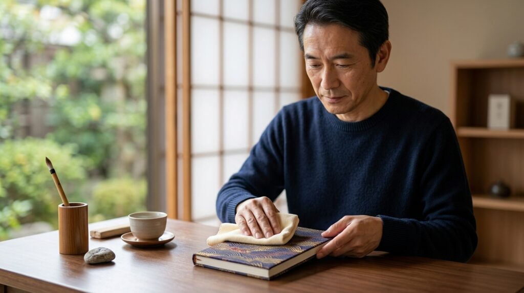 御朱印集めの魅力を感じられるよう、畳の上に御朱印帳や参拝用品が並べられた落ち着いた和の風景