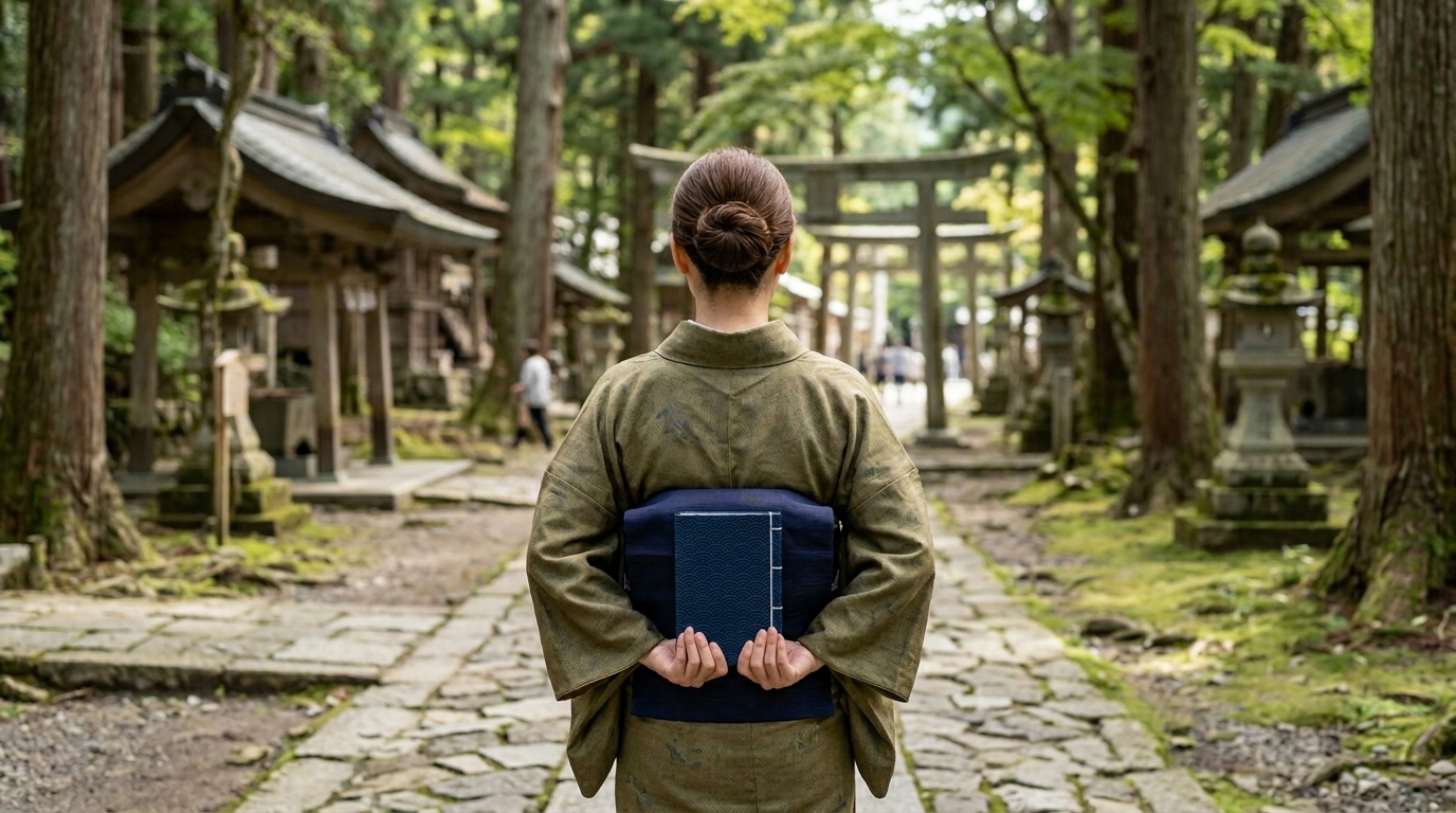御朱印の書き置き保存方法を確認しつつ、おしゃれな御朱印帳を机に並べて比較する女性の様子