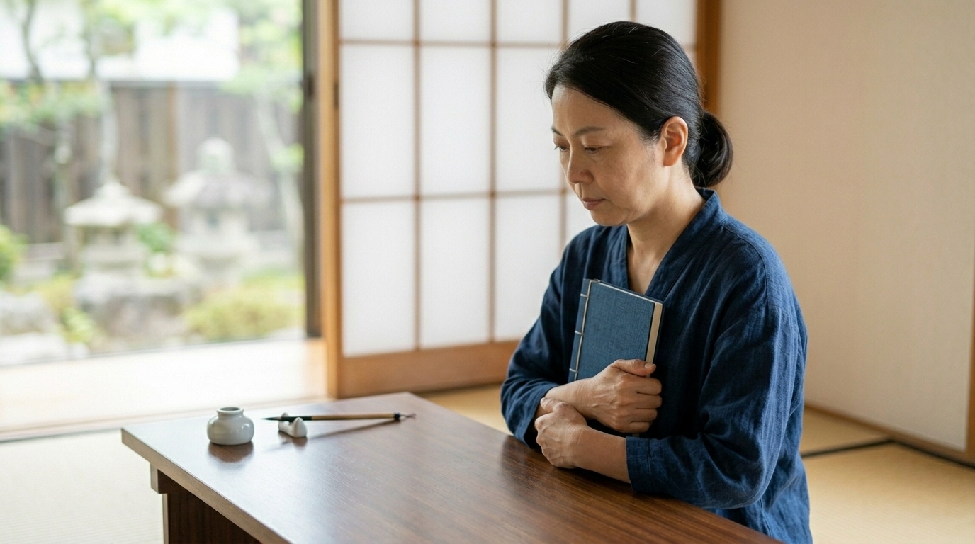 御朱印の書き置きを大切に眺めながら、御朱印帳を開いて整理する女性参拝者の穏やかな時間