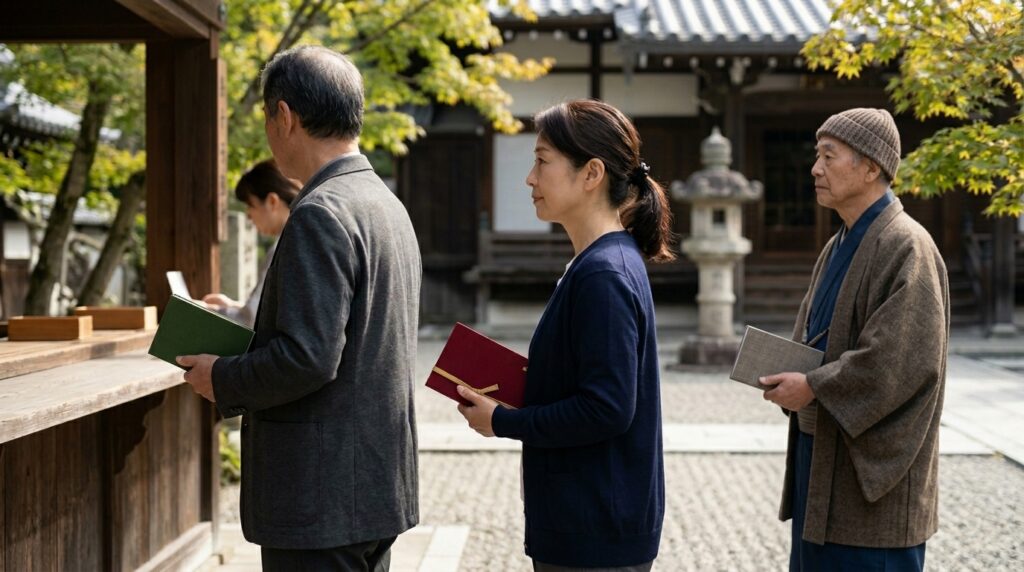 御朱印集め初心者向けに、机の上で御朱印帳を比較しながら始め方を確認する女性の様子