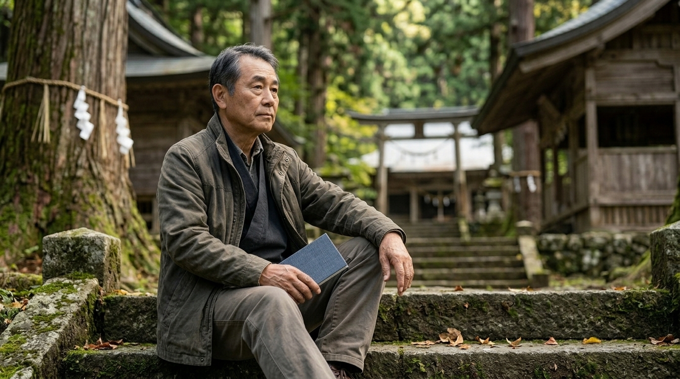 鋸山日本寺の御朱印を調べる日本人男性