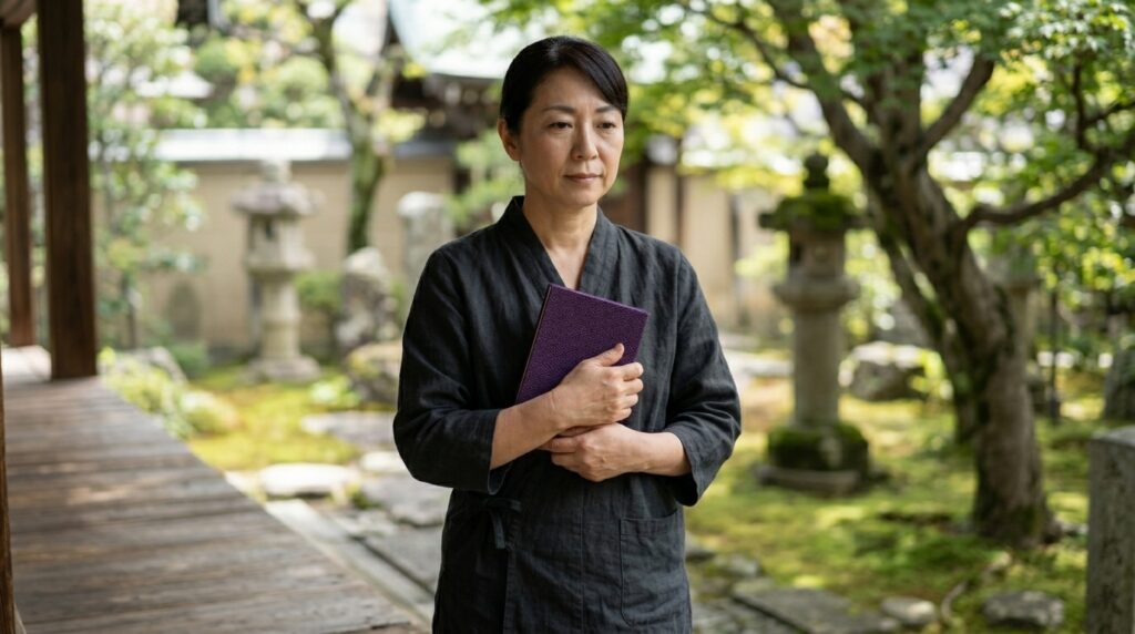 御朱印帳の使い方を確認しながら複数の帳面を机の上で比較している女性の様子