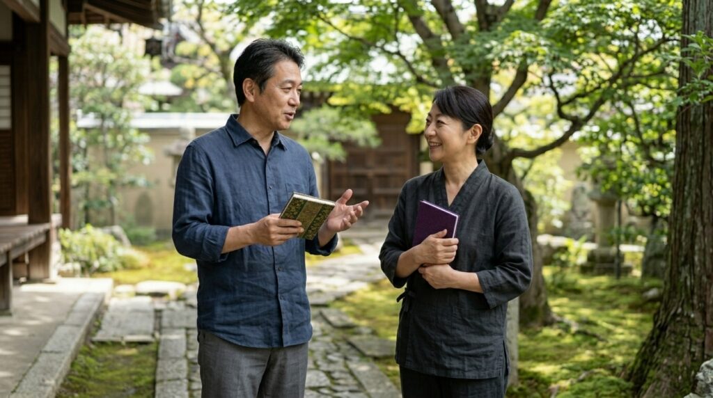 御朱印帳を机に並べて比較しながら、神社参拝時のマナーやトラブル回避について確認する女性の様子