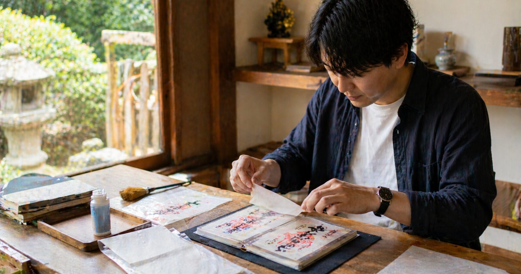 日本人男性が御朱印を見開きで貼る作業