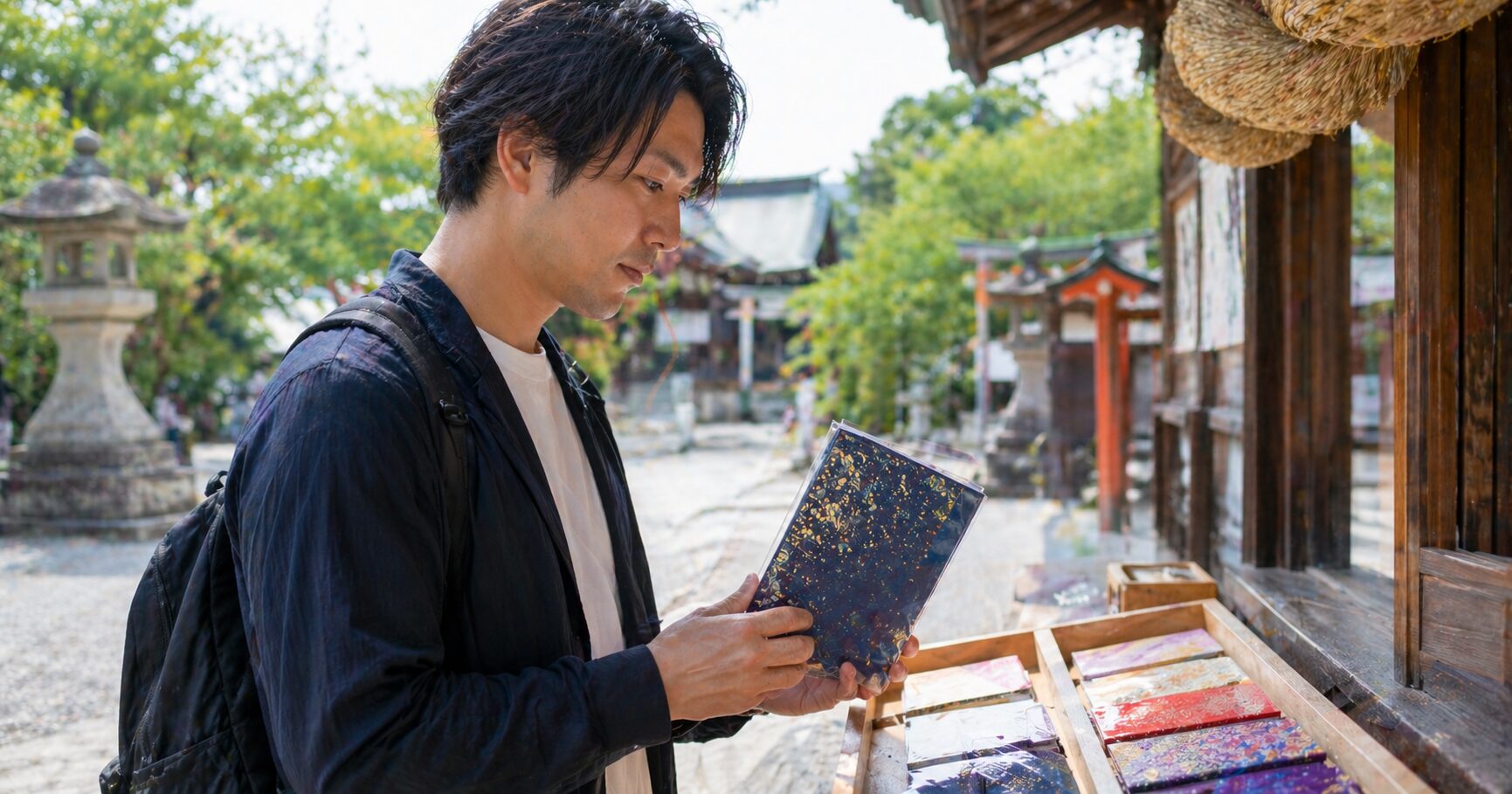 九州で珍しい御朱印を巡る男性参拝者が、限定御朱印帳を手に神社の境内を歩く旅情あふれる風景