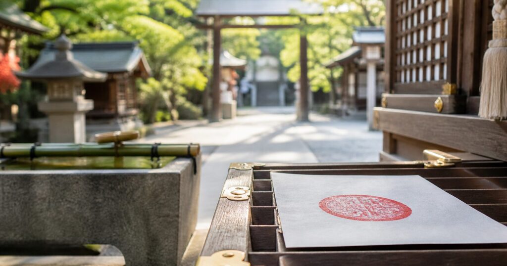 御朱印のやり方や手順を学ぶ初心者向けに、参拝から御朱印のいただき方までをイメージできる和の風景