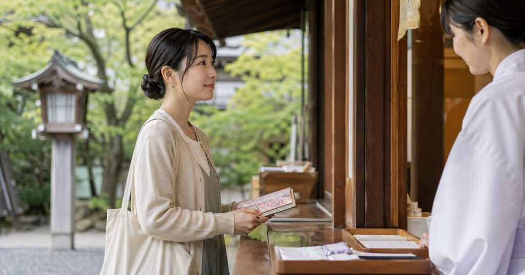 御朱印の言い方を確認する日本人女性