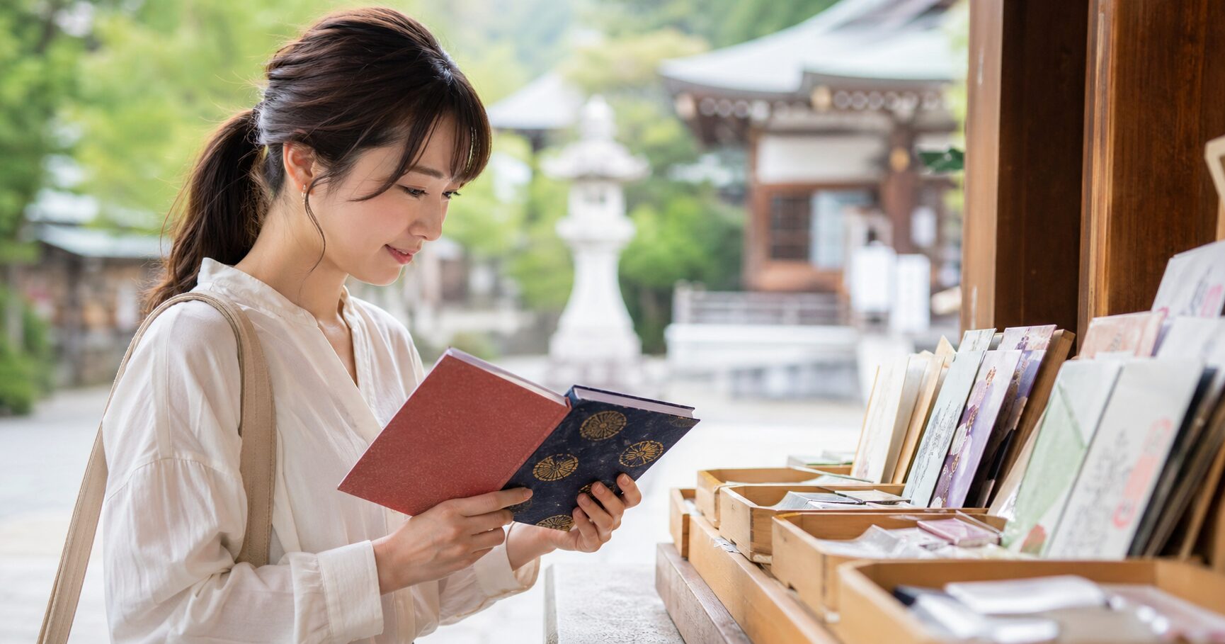 複数の御朱印を整理するため、両面使いや御朱印帳の分け方を丁寧に調べている女性の場面