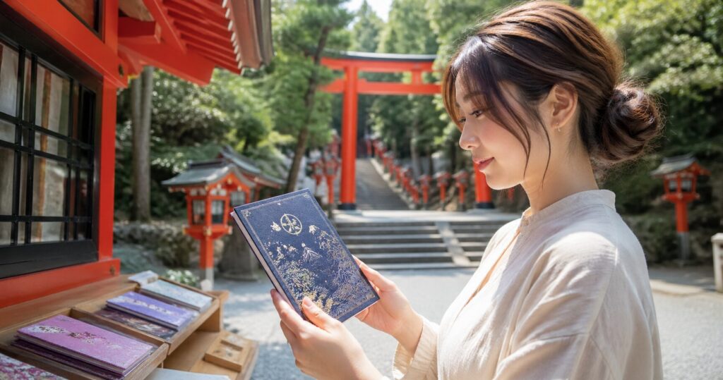箱根神社の御朱印帳を確認する日本人女性