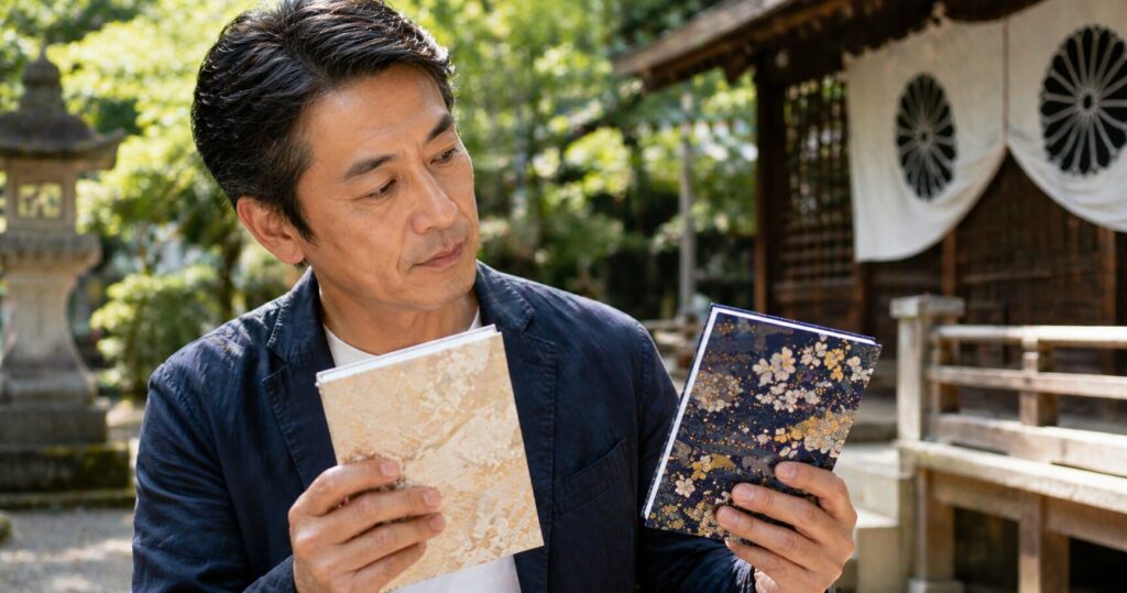 御朱印帳を人にあげるか考える日本人男性