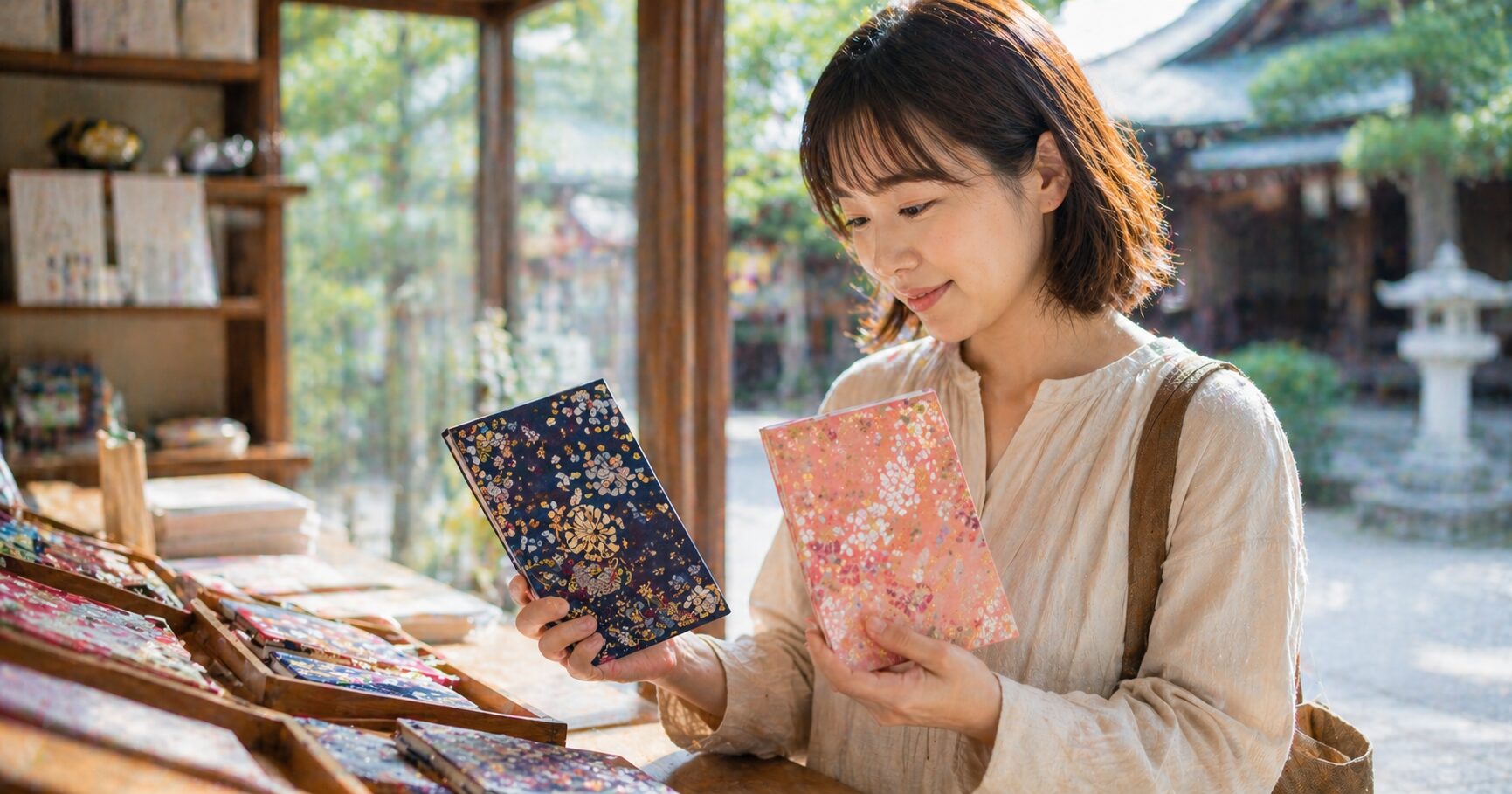 初めての御朱印帳を選ぶ女性が、持ち歩きやすさやデザインを比べながら悩んでいる場面