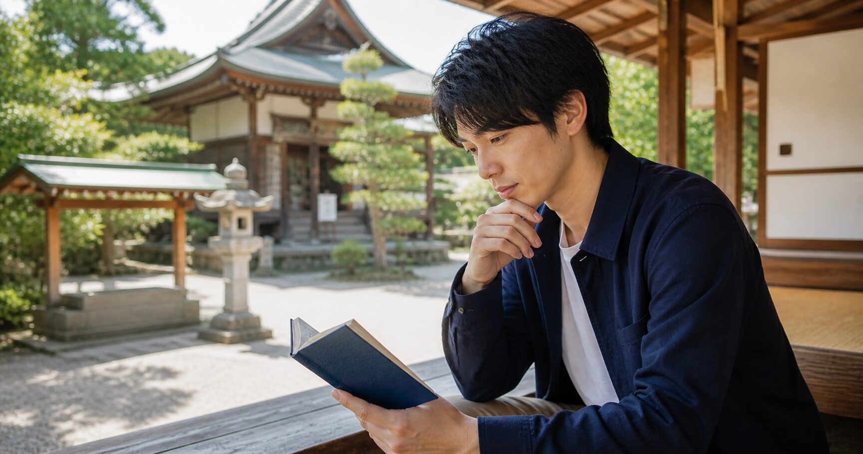 御朱印を見て悩む日本人男性の様子