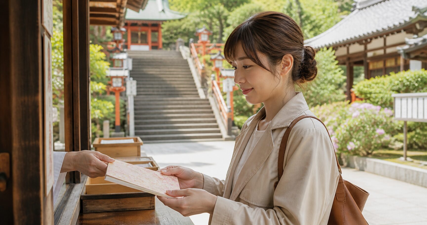 伊香保御朱印のもらい方を確認する日本人女性