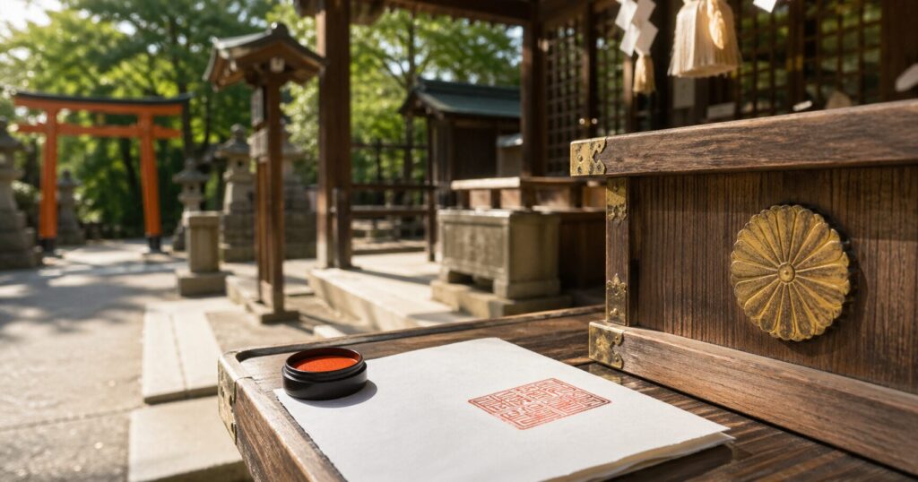 御朱印を書いてもらう手順を理解するため、直書きや書き置きの違いと授与所での作法を確認する和の場面