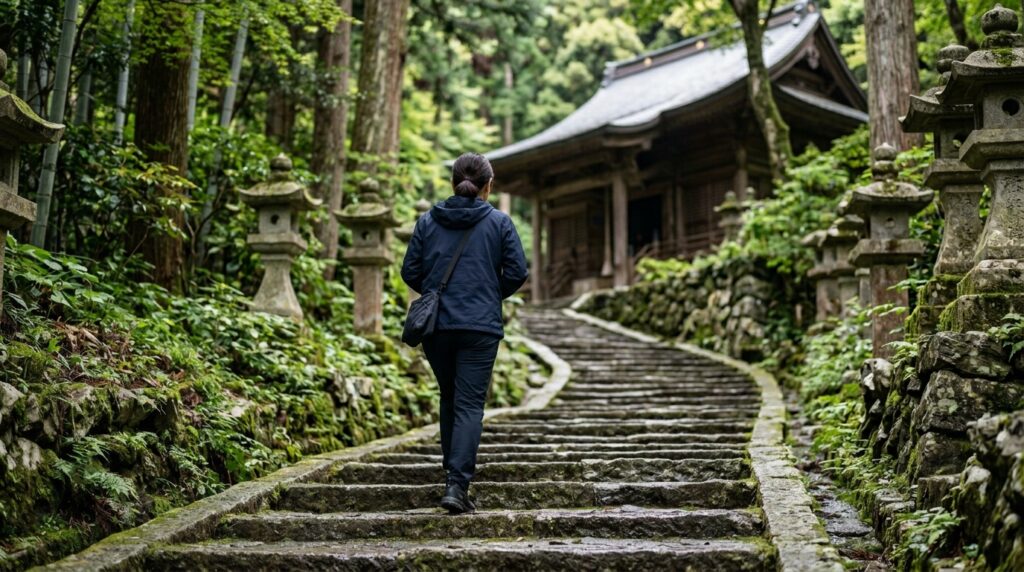 日本人女性が薬王寺の厄坂を上る参拝方法