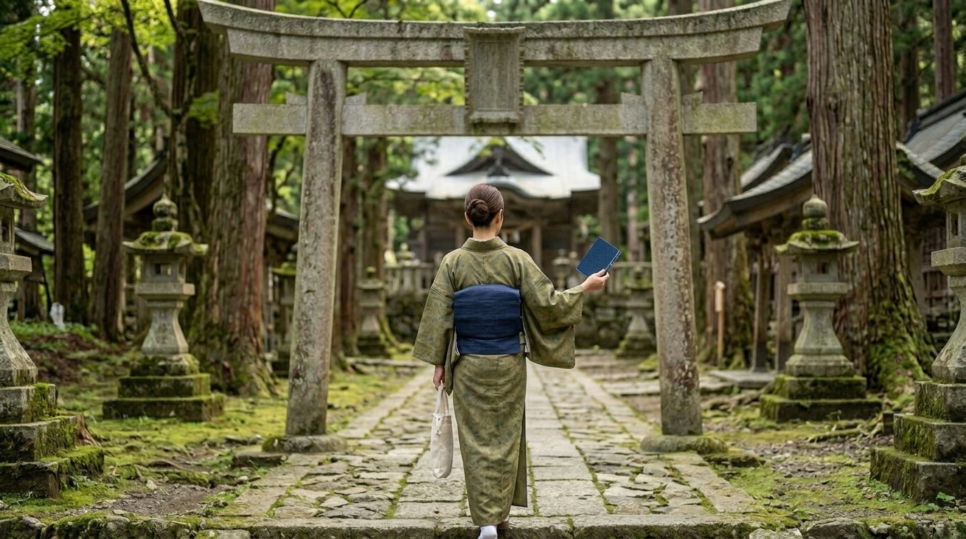 御朱印をいただく前に、寺社で失礼にならない参拝作法や注意点を丁寧に調べる女性の場面
