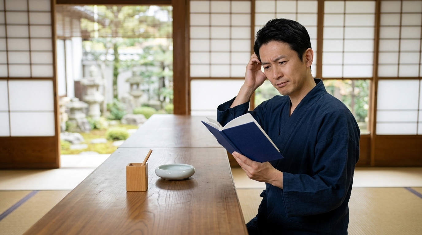御朱印の代理授与はマナー違反かを調べながら、寺社で正しい参拝作法を確認している男性の様子