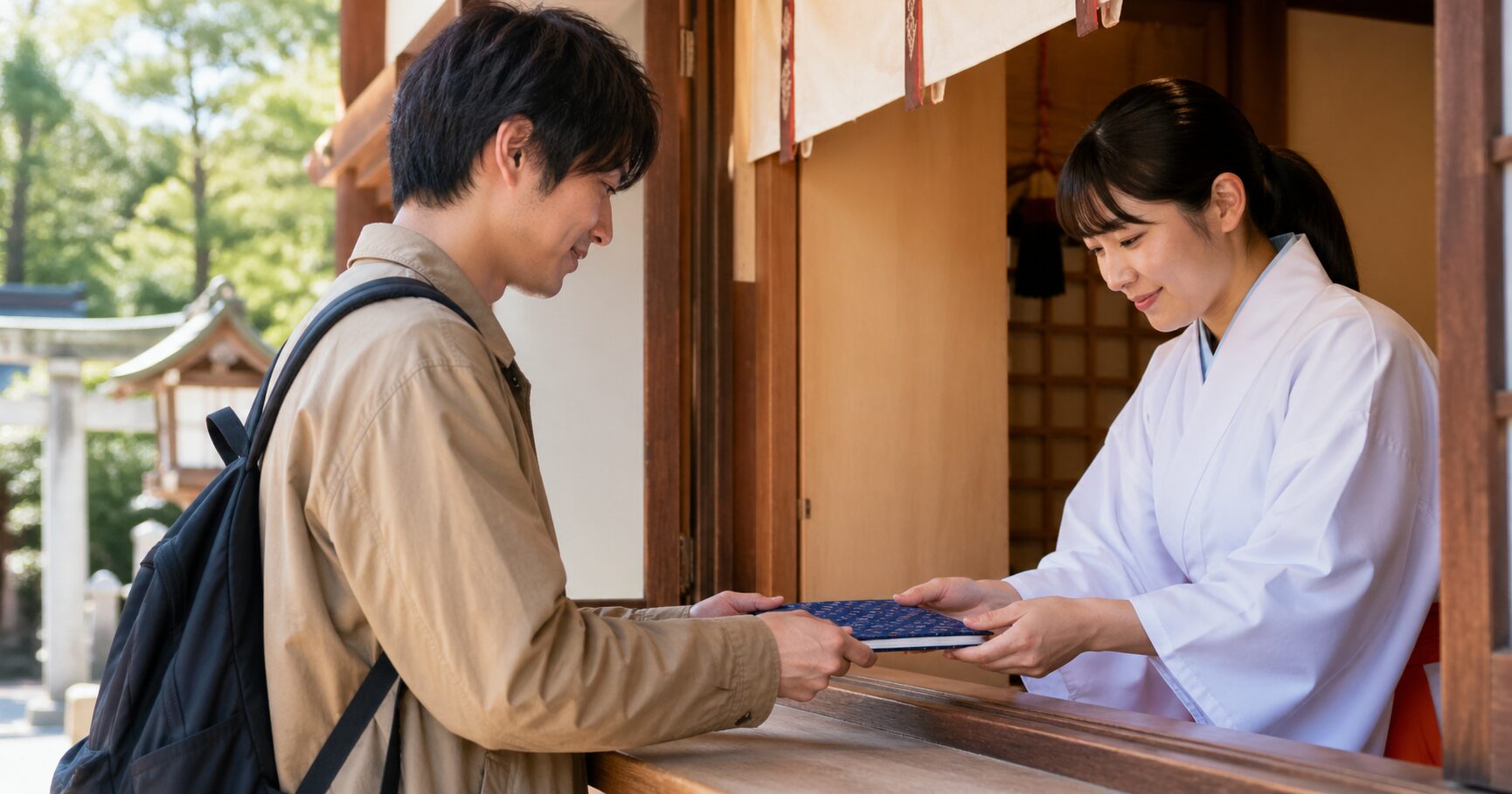御朱印を書いてもらう流れを確認しながら、授与所で失礼にならない作法を学んでいる男性の様子